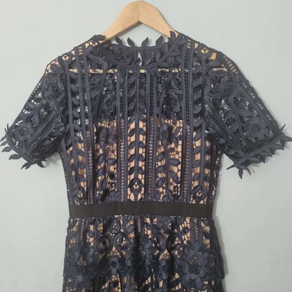 Self-Portrait Navy Blue Macrame Lace A-Line Dress UK 10 US 6 - Picture 3 of 4